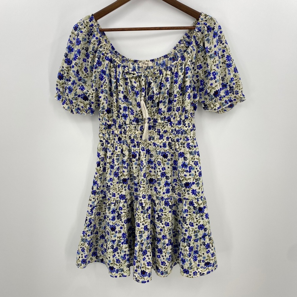 Hint of Blush Mini Dress Womens Medium Blue Floral Smocked Peasant‎ Cottage Boho